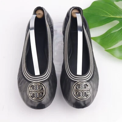Zapato de ballet Tory Burch para mujer Caroline plano talla 8,5 cuero negro a rayas Foto 1 de 4