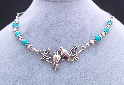 Tibetan Silver Love Birds, Turquoise Bead Necklace Handmade In Gift Purse Foto 1 de 4