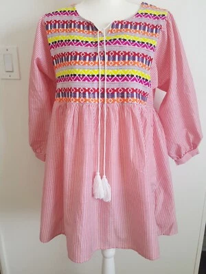 Nuevo Para Mujer Velzera Rojo Rayas Bordado Cuello Redondo Cuerda Blusa Vestido Corto Foto 1 de 4