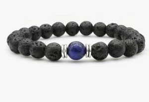 Herren Perlenarmband Aus Lavastein Und  Blue Tiger Eye NEU  22 cm - Bild 1 von 1