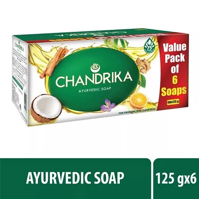 Jabón Ayurvédico Chandrika Hecho a Mano - Piel Transparente Sin Problemas - 125g (Pack de 6) Foto 1 de 3