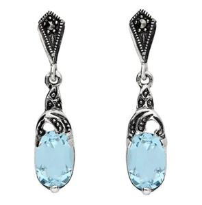 Marcasite And Blue Topaz Stud Dangle Drop Earrings Sterling Silver 925 - Picture 1 of 1