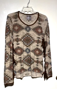 Double D Ranch Long Sleeve Blouse SZ MEDIUM Southwest Boho Fringe ROUND NECK - Picture 1 of 18
