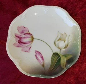 RS Germany Porcelain Plate Scalloped Pink White Tulips & Beaded Trim - Picture 1 of 3