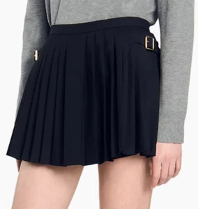 Sandro Pleated Skort Womens 42 (10) Black Gold Side Buckle Flowy Academipunk NEW - Picture 1 of 19