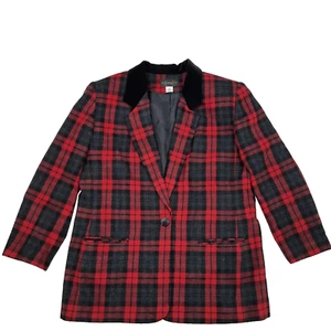 VTG 90s Wool Blazer Size 14 Red Gray Tartan Plaid Velvet Collar Academia Preppy - Picture 1 of 13