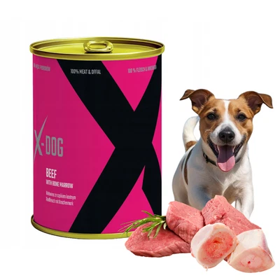 Getreidefreies Nassfutter Hund 800g Hundefutter Rind mit Kochenmork Dose X-DOG - Bild 1 von 4