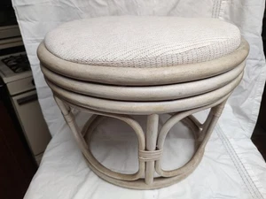 White Round Bentwood Bamboo Ottoman Footstool w/Cushion Boho Chic Rattan Vintage - Picture 1 of 3