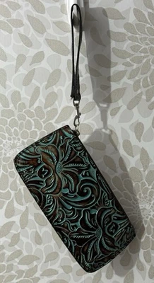 Patricia Nash ST. CROCE Brown Leather Wristlet Clutch TOOLED TURQUOISE Bag - Image 1 of 4