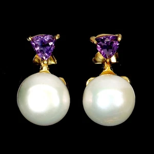 925 Sterling Silver Earrings Trilliant Amethyst Pearl Natural Gemstone Jewelry - Picture 1 of 13