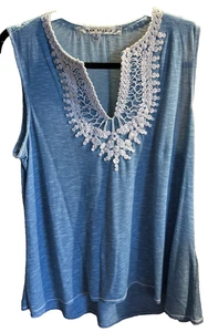 Max Studio Women's Embroidered Crochet V-Neck Sleeveless Top S Blue Boho - Picture 1 of 10