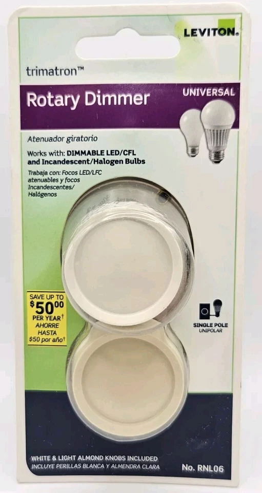 Leviton Rotary Dimmer Universal Push on off Single Pole 3 Way White Light Almond