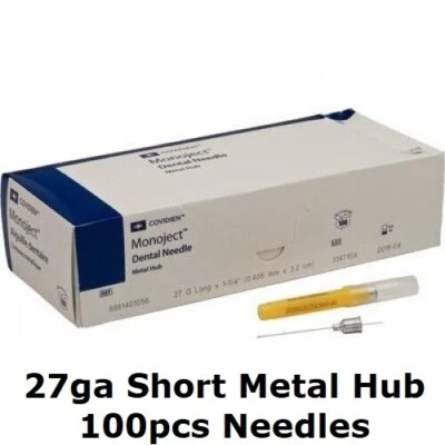100 Monoject Kendall METAL Hub Dental Medical Needles 27G Short Yellow  New - Image 1 of 4