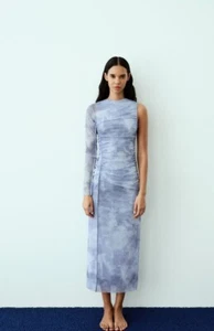 ZARA NEU DAMEN SS23 BLAU ASYMMETRISCHES TÜLLKLEID GERAFFT GRÖSSE LARGE REF:3067/274 - Bild 1 von 9