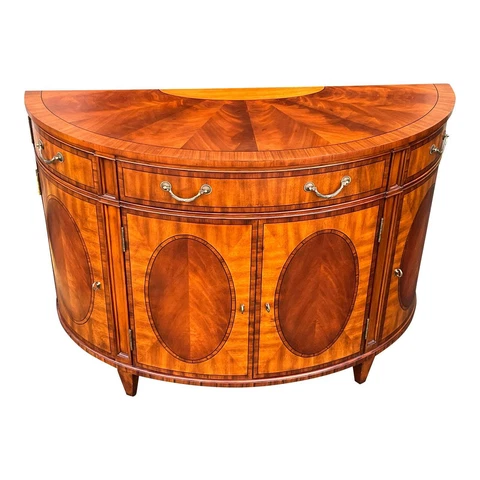 Vintage Ethan Allen Brown Mahogany Inlaid Banded Demilune Credenza Server Buffet Cover