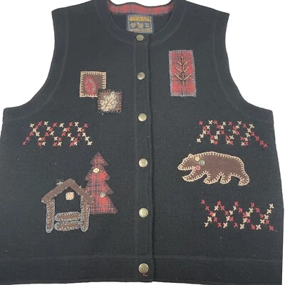 John Rich & Bros Woolrich Vest Vintage Black Christmas Womens Mama Bear Button - Image 1 of 4