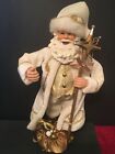 Vintage 12" White Santa Claus With The Gift Bag Christmas Figurine Gold Boots