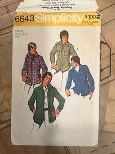 Vintage 70s Simplicity Sewing Pattern 6643 Shirt Jacket Men Size 40 neck 15 1/2” - Picture 1 of 8