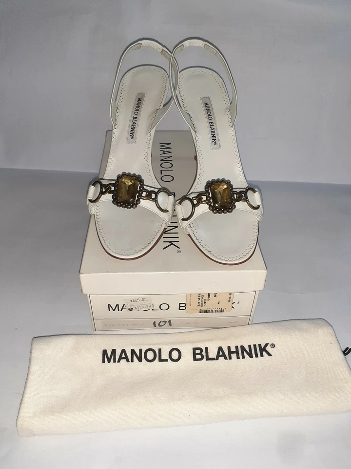全新带标签 Manolo Blahnik 白色皮革吊带凉鞋 Teodo 尺寸 40 带盒和防尘袋 — 第 1/4 张图片
