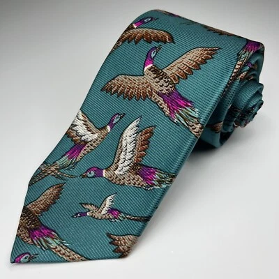 Corbata corta de seda Chaps Ralph Lauren Repp 54" para hombre estampado faisán verde azulado vintage Foto 1 de 4