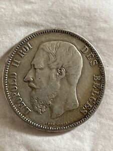 1875  Belgium  -  5  Franc  Large  Silver  90%   Coin 