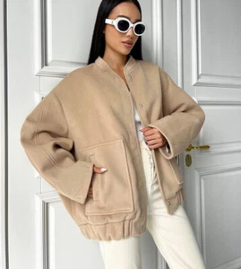 women's casual loose stand collar single breasted large pocket cardigan jacket - Picture 1 of 15