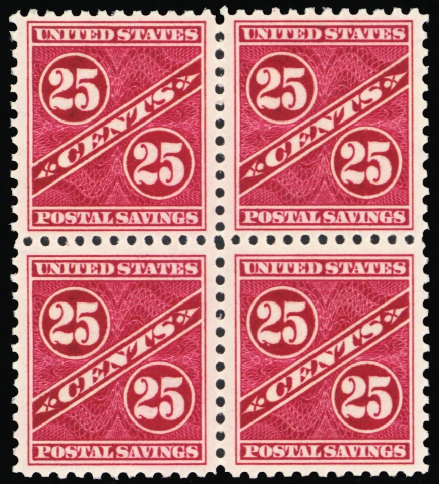 PS8, Mint NH VF 25¢ Postal Savings Block of Four CV $144 * Stuart Katz - Image 1 of 1