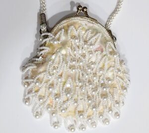 Vintage kość słoniowa / biała perła koraliki i cekiny kopertówka wieczorowa torebka pasek na ramię