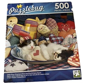 Puzzlebug Tabby Kitten Sleeping in Bowl and Pile of Fabric Hearts Puzzle 500 pc - Picture 1 of 3
