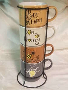 Coffee Break Signature Stacking Mug Cup Set of 4 w/ Metal Rack Bees Honey Theme - Picture 1 of 8