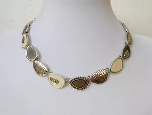 Collier Iles Emaillées Blanc Beige et Gris sur Chaîne annelée Fine Neuf - Imagen 1 de 1