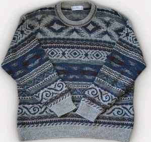 Vintage St Michael Fair Isle Print Grandad Ugly Jumper 80s 90s L 41/42 Blue - Picture 1 of 9