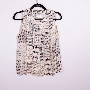 Chanel Made In France Silk Chiffon Pleated Pin Tuck Logo Print Pattern Blouse 38 - Picture 1 of 4