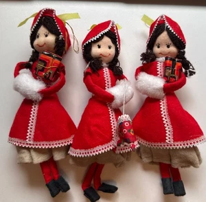 Vintage Set Of 3 Christmas Ornaments Felt Red Girl Presents Umbrella 1970s 8” - Picture 1 of 7