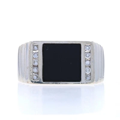 Sterling Silver Onyx & Cubic Zirconia Men's Ring - 925 Channel Set Ribbed - Image 1 of 4