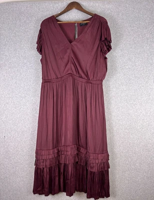Vestido midi Lane Bryant para mujer 16 borgoña plisado con volantes manga acampanada romántico Foto 1 de 4