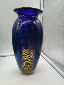 Robert Eickholt Blau Gold Mundgeblasene Kunst Reptil Serie Glas Vase  - Bild 1 von 11