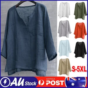 Men's Cotton Linen V-neck Shirt Loose Breathable Long Sleeve Yoga Blouse T-shirt - Picture 1 of 21