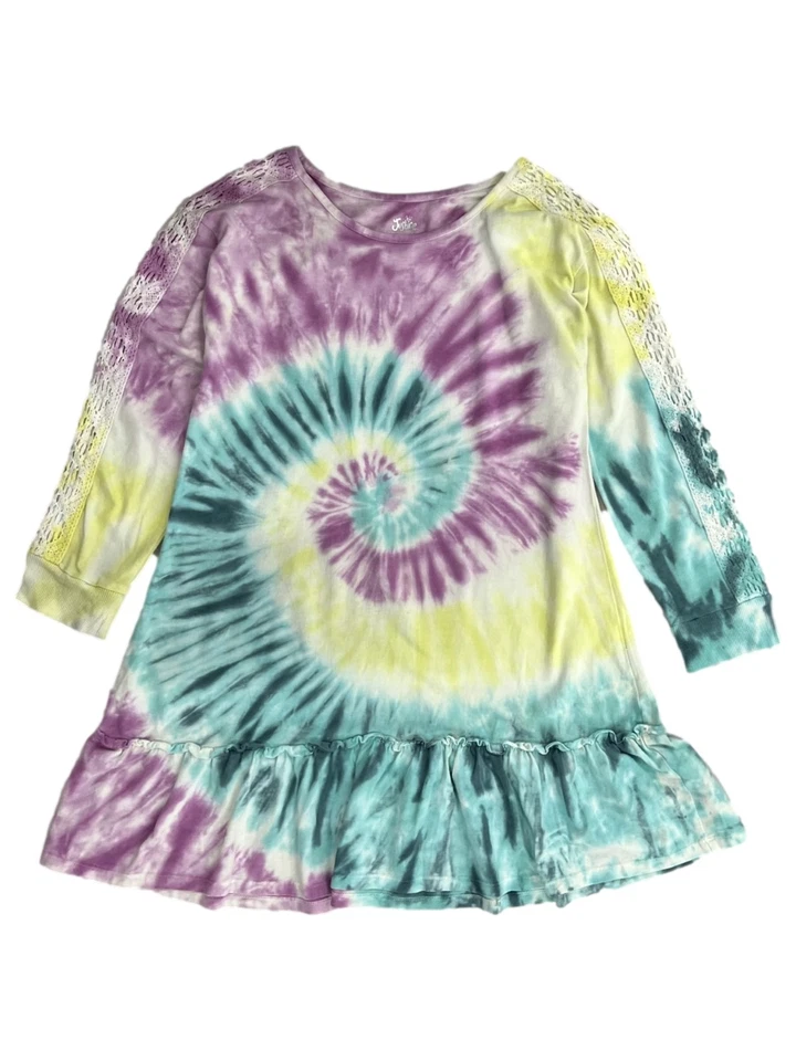 Vestido Justice Girls púrpura amarillo verde tie dye manga larga encaje ribete L (12-14) Foto 1 de 1