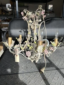 Vintage Italian Pink & White Floral Metal Toleware Hanging Light Chandelier - Picture 1 of 6