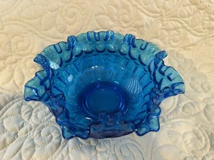 FENTON Glass Colonial Blue Thumb Print Double Crimp 8” Bonbon Bowl Candy Dish - Picture 1 of 4