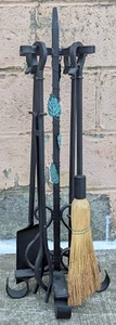 4pc Set Vintage Metal Cast Iron Fireplace Tools Poker Shovel Tongs Stand Holder - Picture 1 of 7