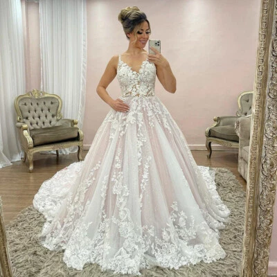 A Line Wedding Dresses Bridal Gowns Sleeveless Lace Appliques Plus Size Custom - Image 1 of 4