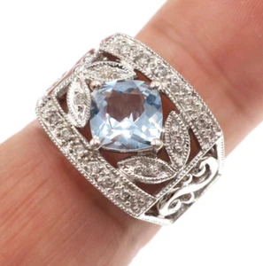 14k Solid White Gold Natural Aquamarine and Diamond Open-Work Ring Size 7 - Picture 1 of 6