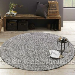 Bangle Steel Grey Braided Handmade Cotton Round Floor Rug 100x100cm **NEW** - Afbeelding 1 van 3