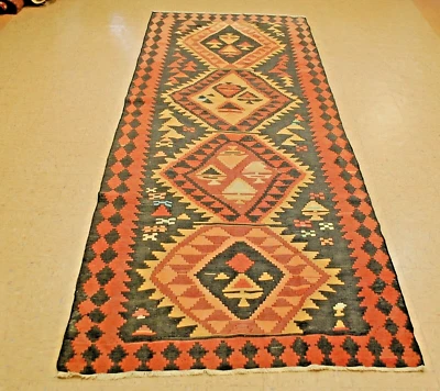 OLD,ANTIQUE VEGETABLE DYE CAUCASIAN SHIRVAN KILIM RUG 4.3x11.8 RARE SIZE - Image 1 of 4