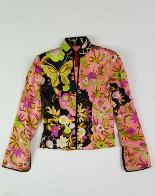 JS Collections Jacket Top 100% Silk Floral Mandarin Collar Black Peach Women S 4 - Image 1 of 4