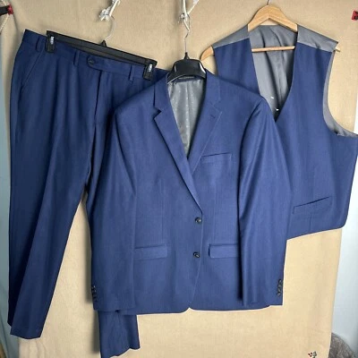 Traje Perry Ellis Portfolio Calce Ajustado Para Hombre 3 Piezas Azul Micropunto 44L 38x31 2 BTN Foto 1 de 4
