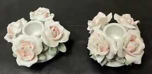 VINTAGE CAPODIMONTE ROSES CANDLE HOLDERS ITALY HANDCRAFTED PORCELAIN 2” x 2 1/2 - Picture 1 of 11