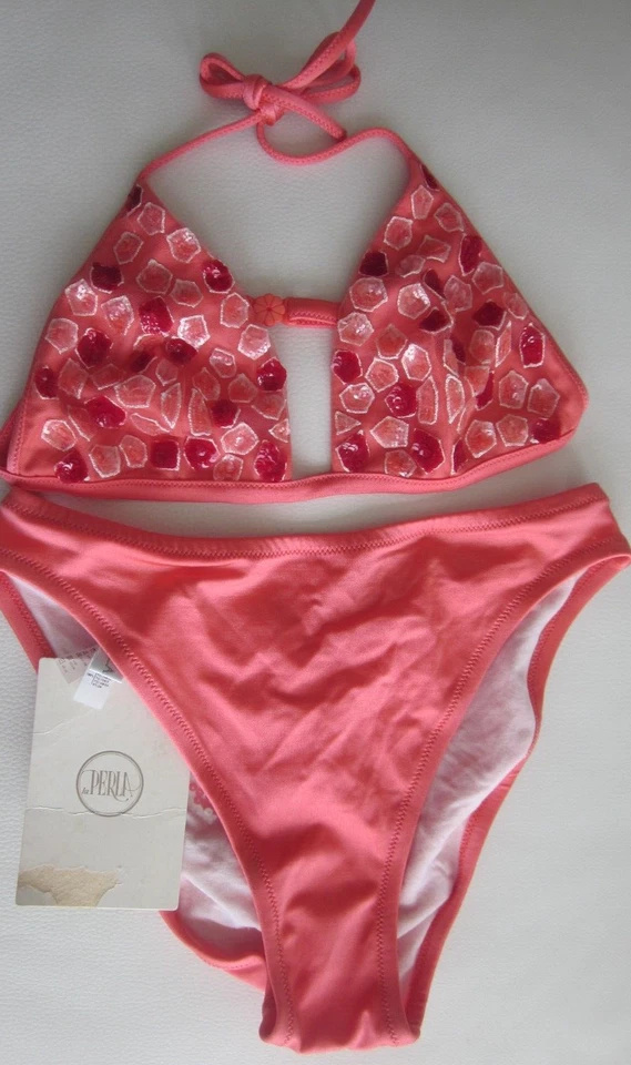 La Perla Triangle Coral Pink Bikini Mosaic Stone Sequins Lycra Size 44 NWT $485 - Image 1 of 4